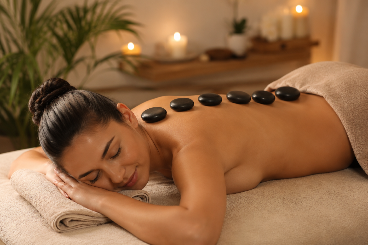 Warm hot stone massage treatment in a candlelit spa room