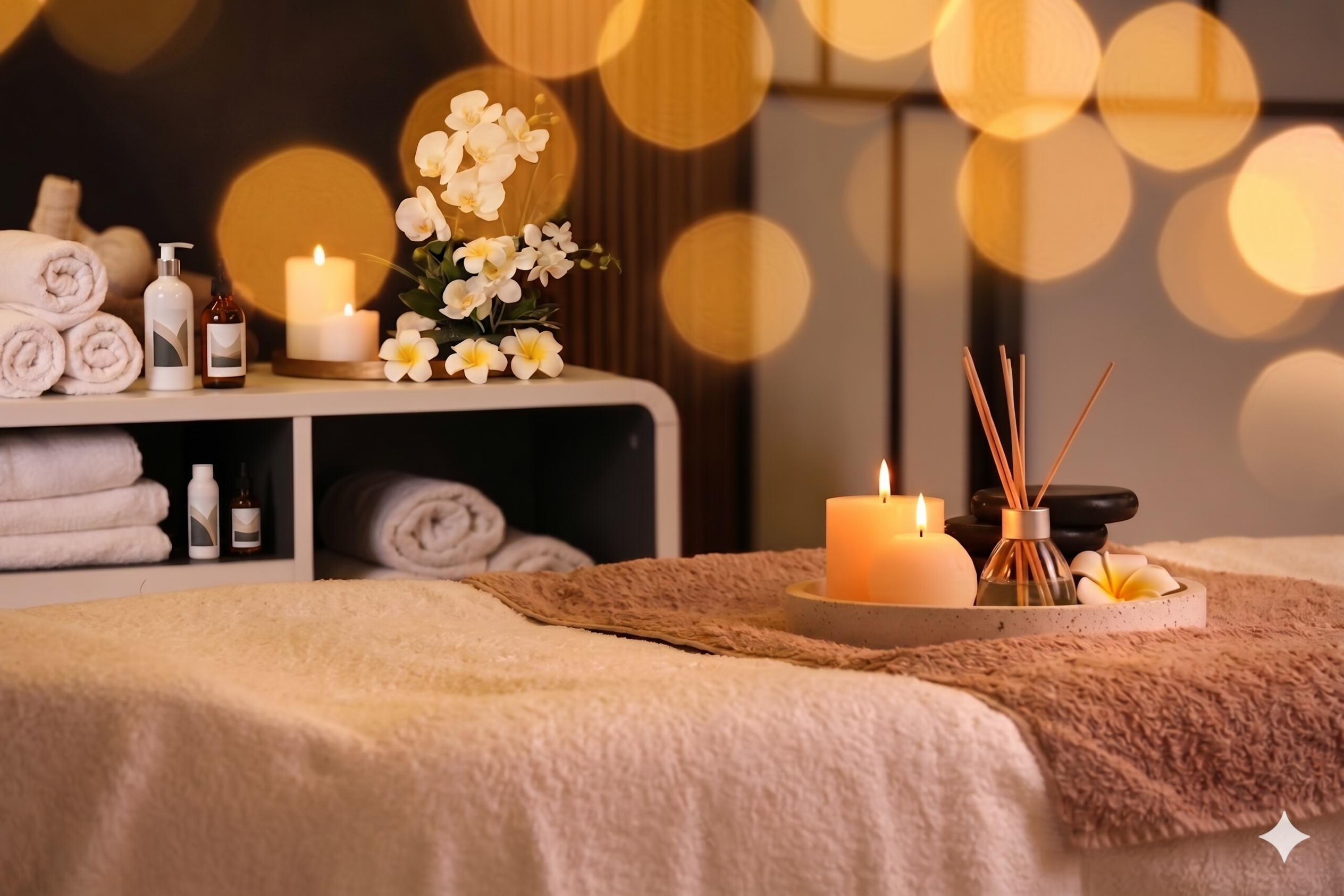 Warm spa room with candles, towels, and aromatherapy for City Spa services